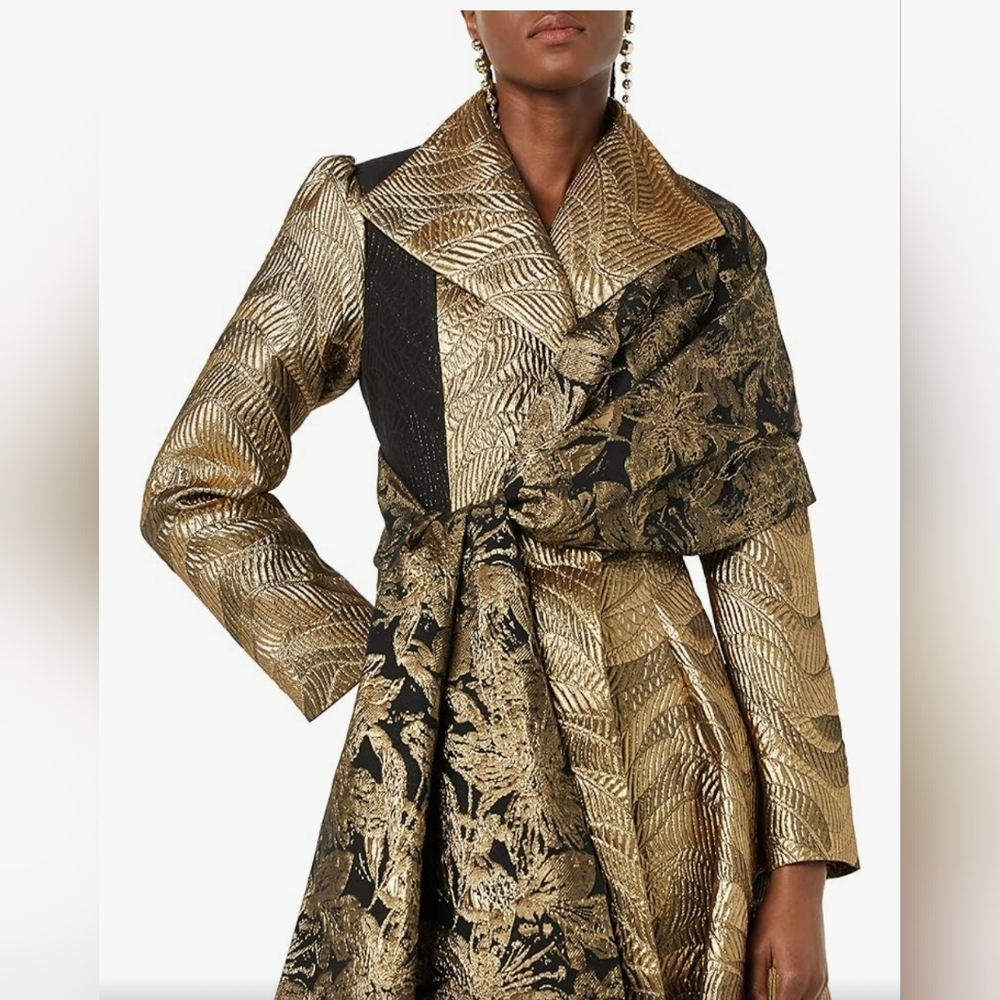 MAKING THE CUT Women Standard Metallic Jaquard Gold Coat & Scarf (Size XXL) NEW - Picture 2 of 5